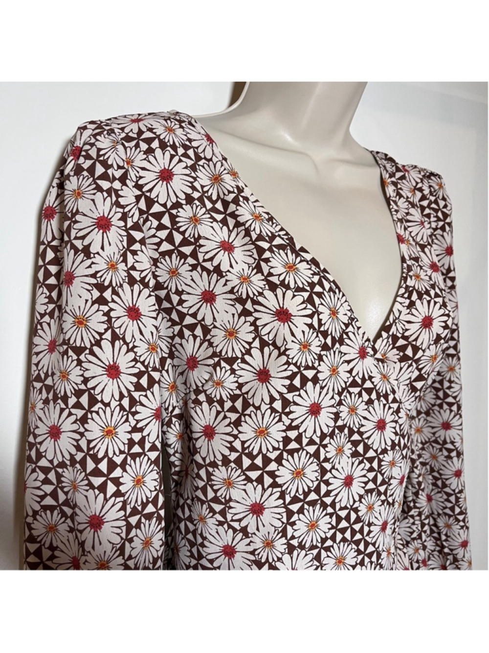 Hippie Dress Retro Boho Indie Folk Floral V-Neck Mini Long Sleeve Flowy Medium - Picture 10 of 13